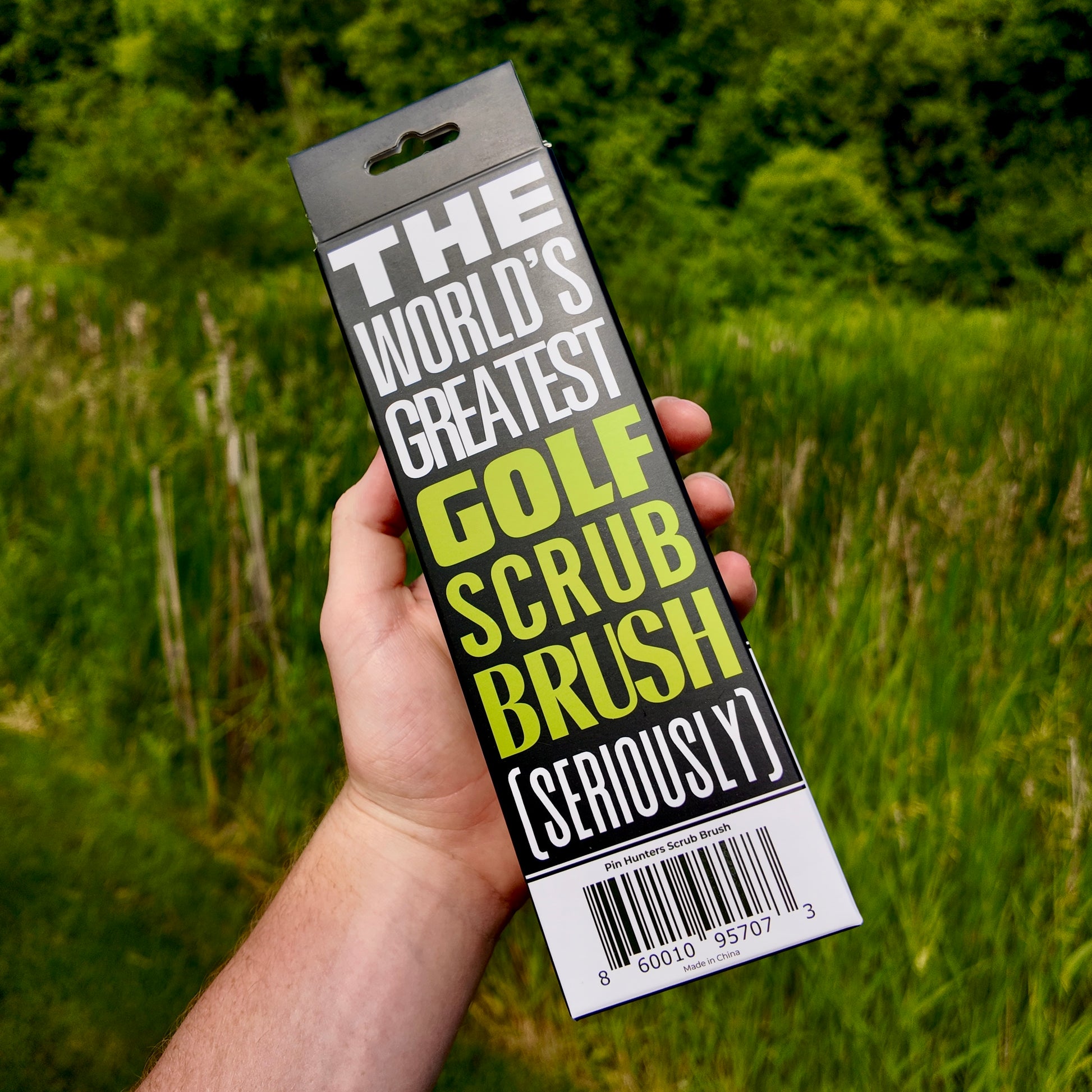 Back of the Pin Hunters scrub brush retail box with bold product description, barcode, and branding.