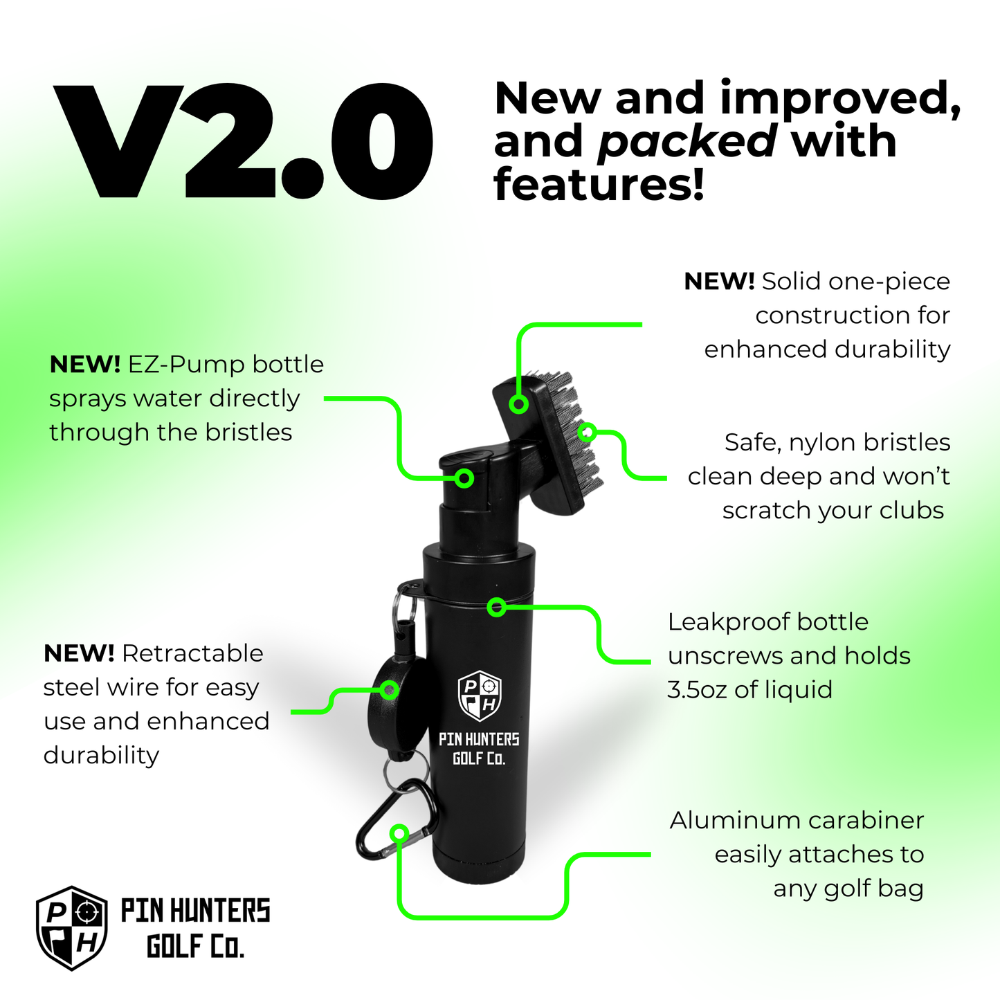 Pin Hunters V2.0 golf scrub brush feature graphic highlighting the EZ-Pump spray bottle, retractable steel wire, one-piece construction, nylon bristles, leakproof bottle, and aluminum carabiner.