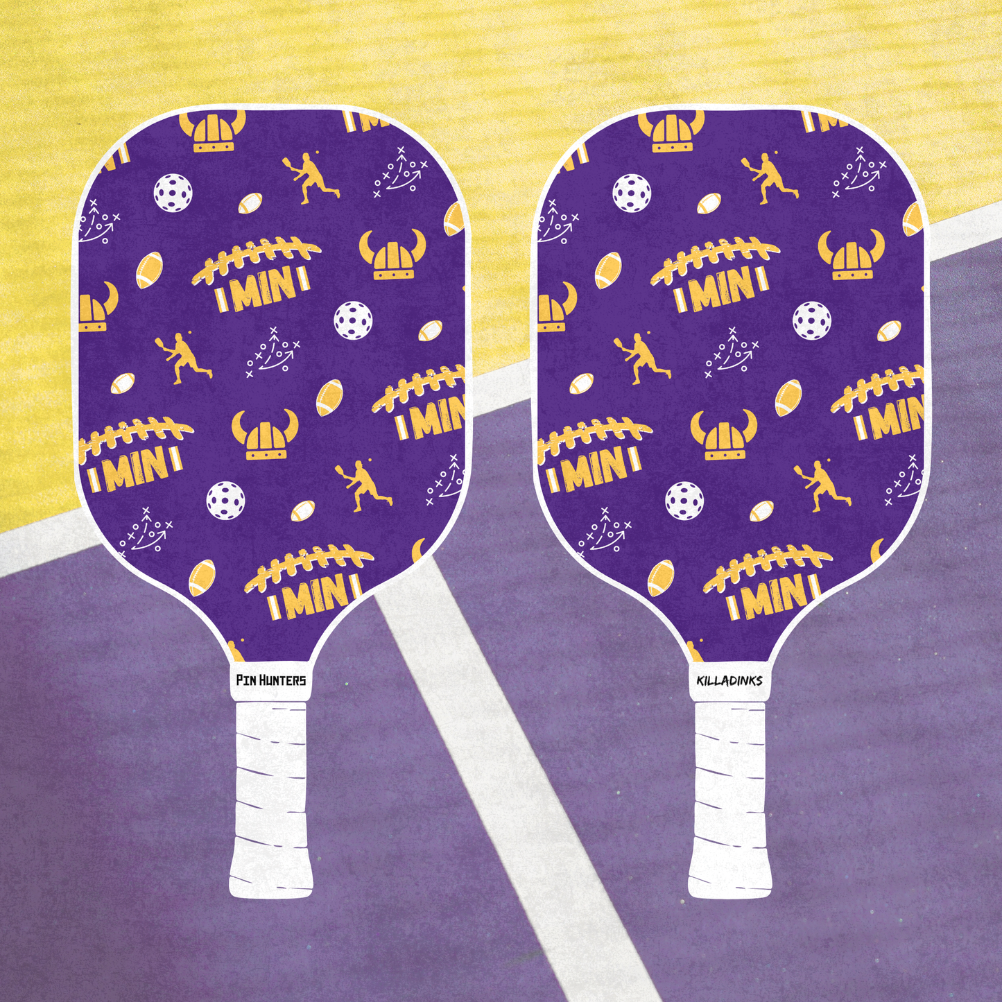 Two purple and gold Minnesota football inspired pickleball paddles by Pin Hunters and KillaDinks shown on a court background.
