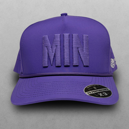 Front view of the purple MIN Performance Hat by Pin Hunters Golf Co. with tonal raised MIN embroidery, matching rope detail, and structured 5-panel design.