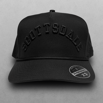 Black Scottsdale performance hat with tonal black raised embroidery, black rope detail, and PH Performance X3 sticker.