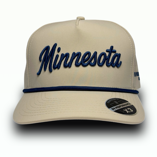 Tan Minnesota script performance golf hat with navy embroidered Minnesota front logo, navy rope, flat brim, and PH Performance X3 sticker.