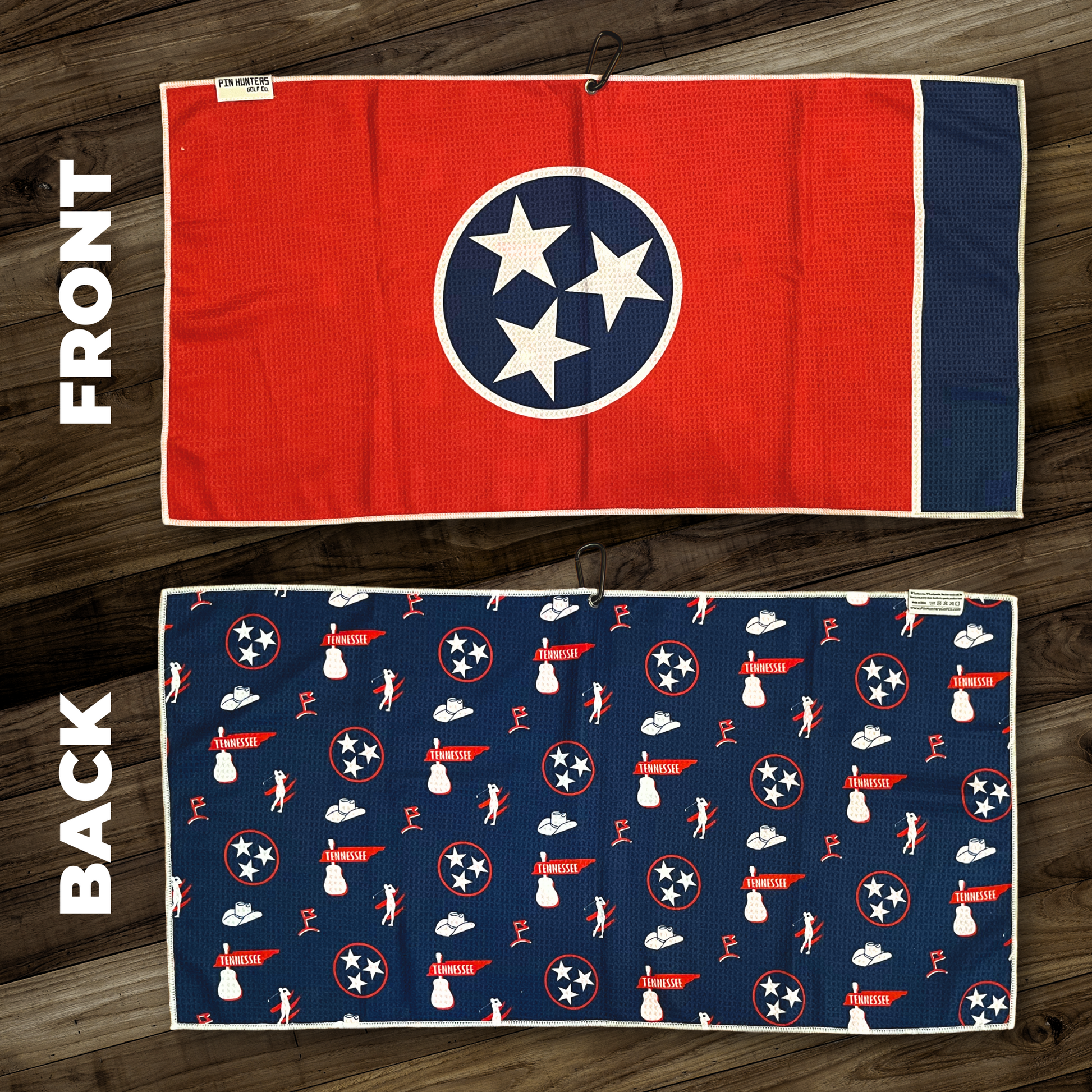 Tennessee flag inspired golf towel product image showing front red TriStar flag design and back navy pattern with Tennessee and golf icons.