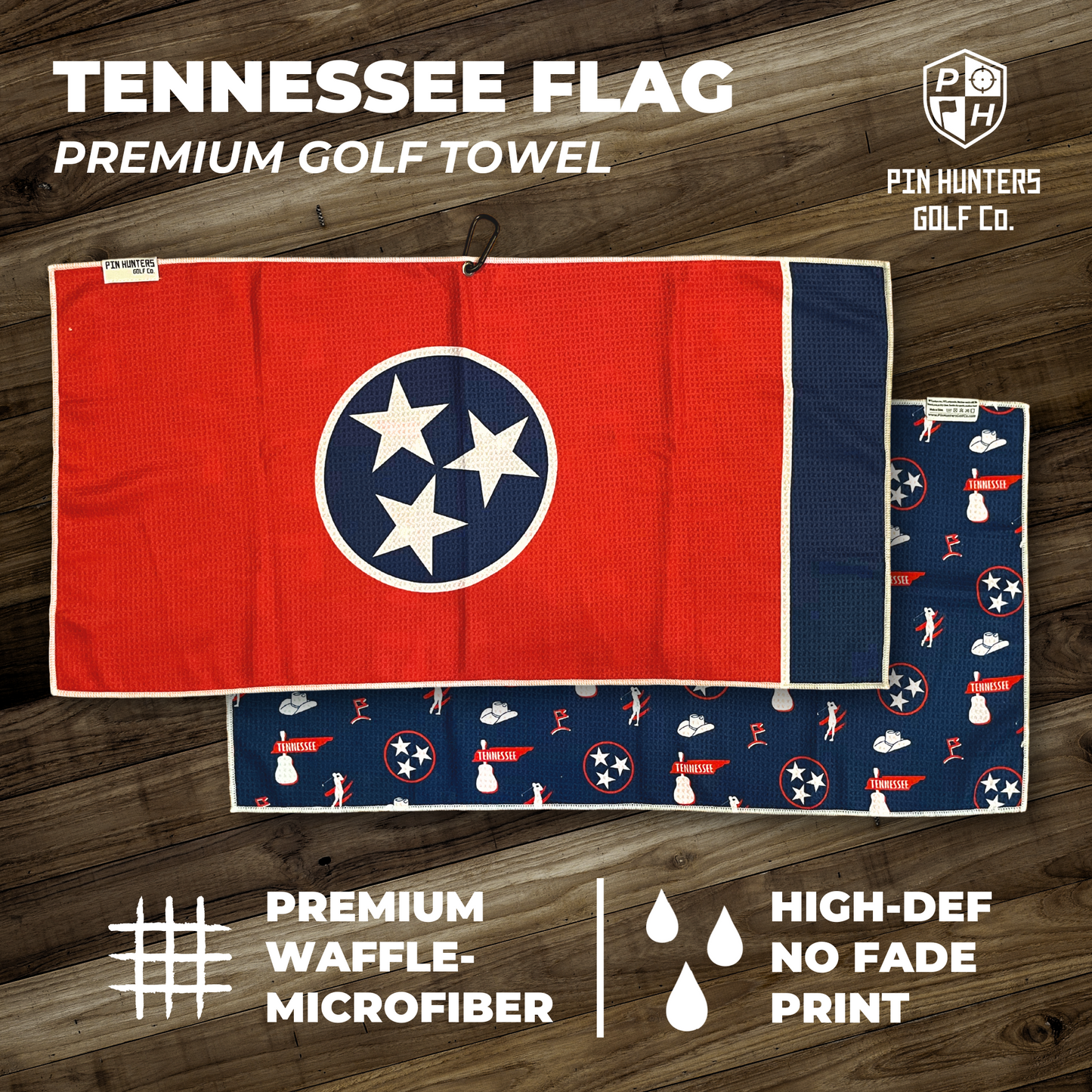 Tennessee flag premium golf towel product image showing the red TriStar front design and navy back pattern with Tennessee and golf icons.