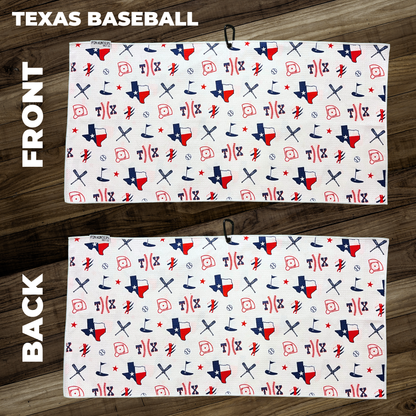 Texas baseball golf towel layout showing front and back towel designs with Texas shapes, baseball graphics, bats, stars, and golf icons.