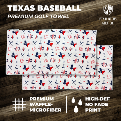 Texas baseball premium golf towel product graphic with front and back towel designs, waffle microfiber callout, and high-def no fade print callout.