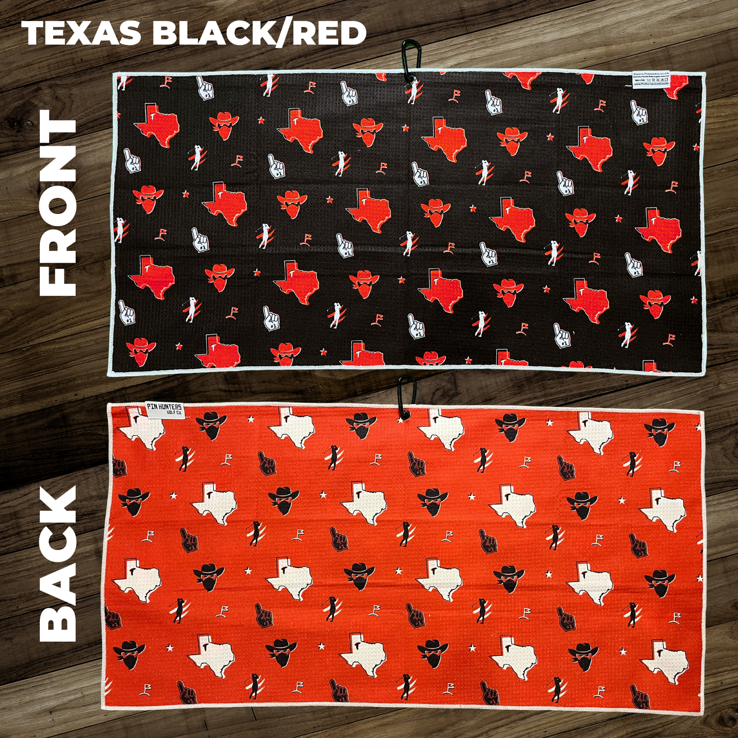 Texas black and red golf towel layout showing black front towel and red back towel with Texas icons, golf graphics, and patterned print.