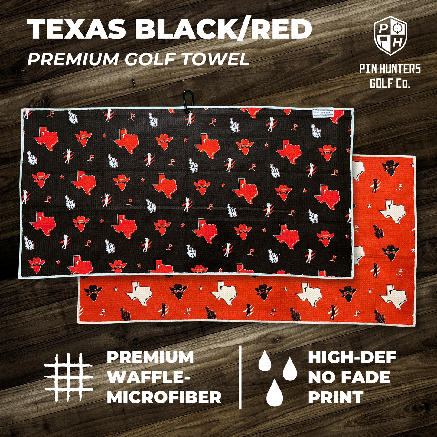 Texas black and red premium golf towel product graphic with front and back towel designs, waffle microfiber callout, and high-def no fade print callout.