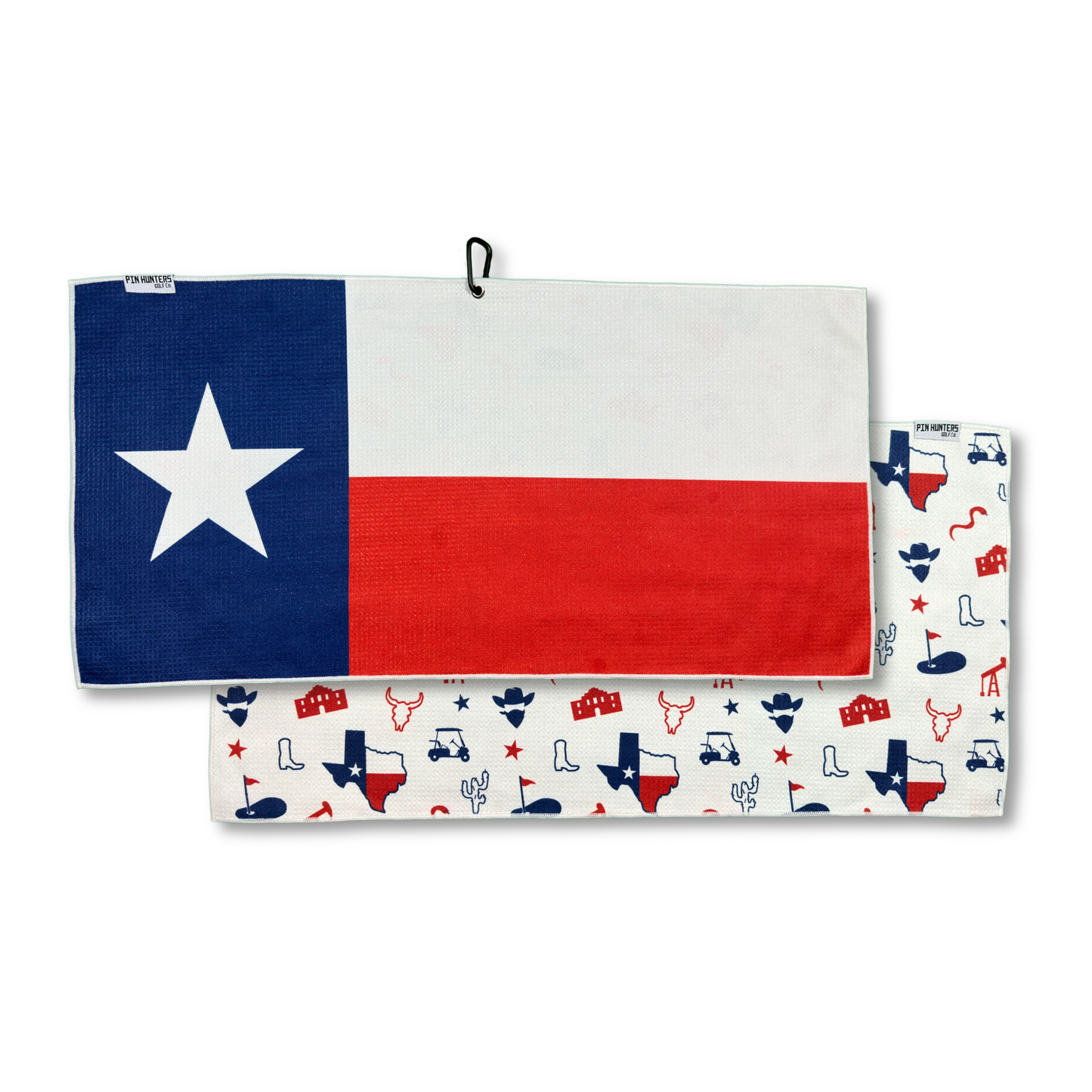 Texas flag golf towel product image showing the red, white, and blue Texas flag front design with a Texas themed back pattern.