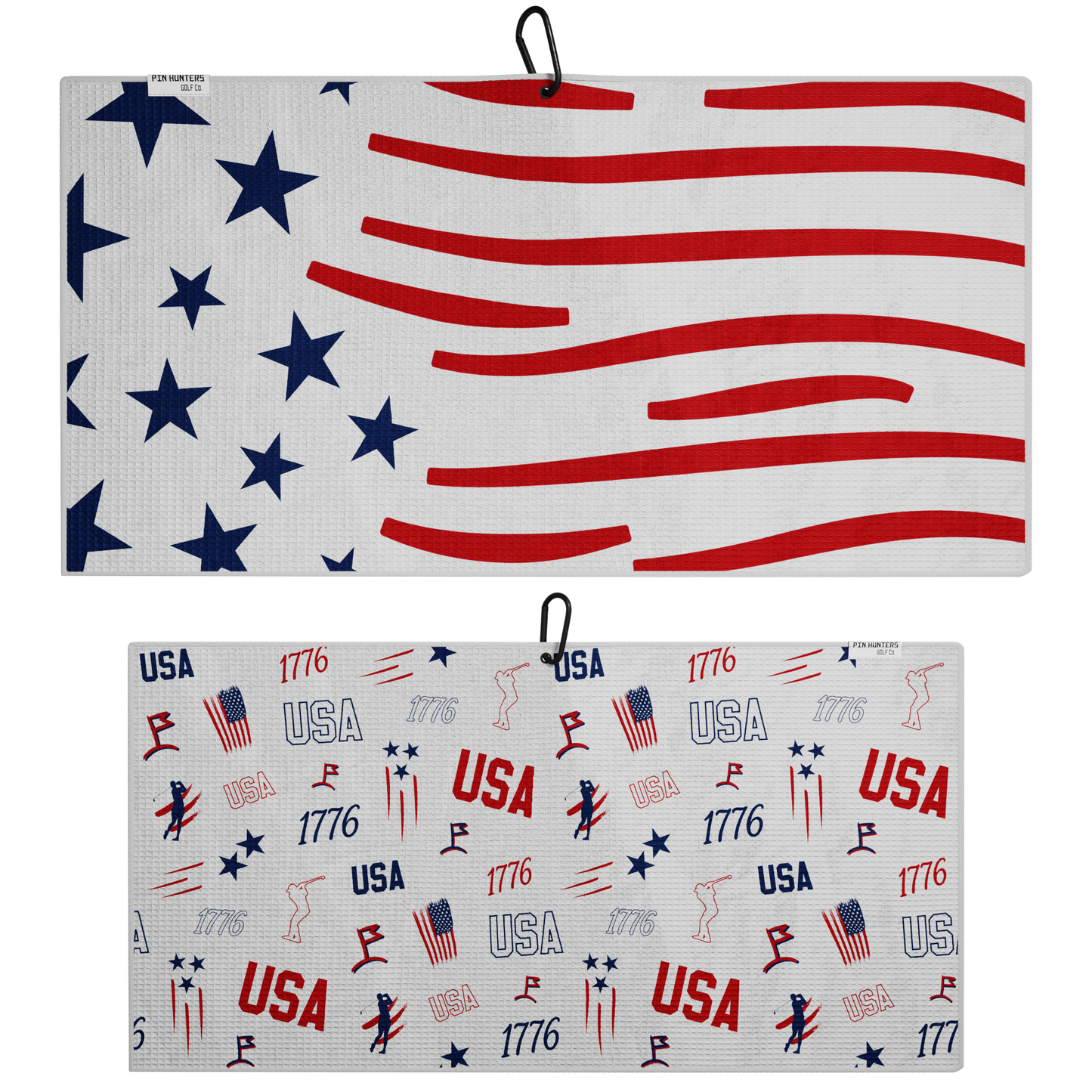 USA 1776 golf towel front and back product image showing American flag stripes, blue stars, USA text, 1776 graphics, and patriotic golf icons.