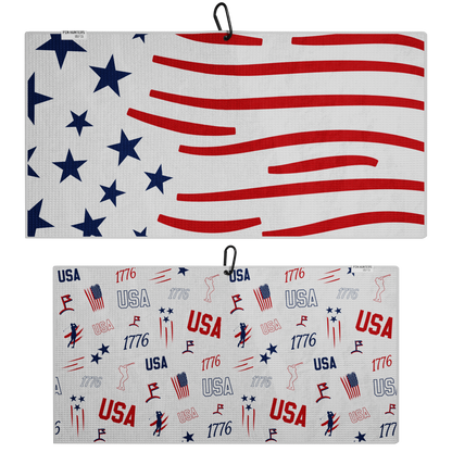 USA 1776 golf towel front and back product image showing American flag stripes, blue stars, USA text, 1776 graphics, and patriotic golf icons.