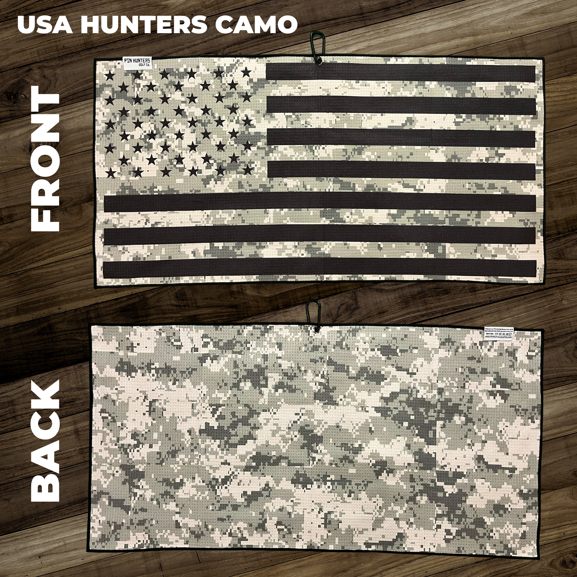 USA Hunters Camo golf towel layout showing digital camouflage American flag front and camo back towel design on wood background.