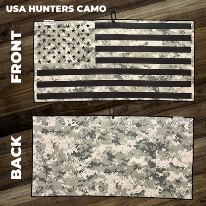 USA Hunters Camo golf towel layout showing digital camouflage American flag front and camo back towel design on wood background.