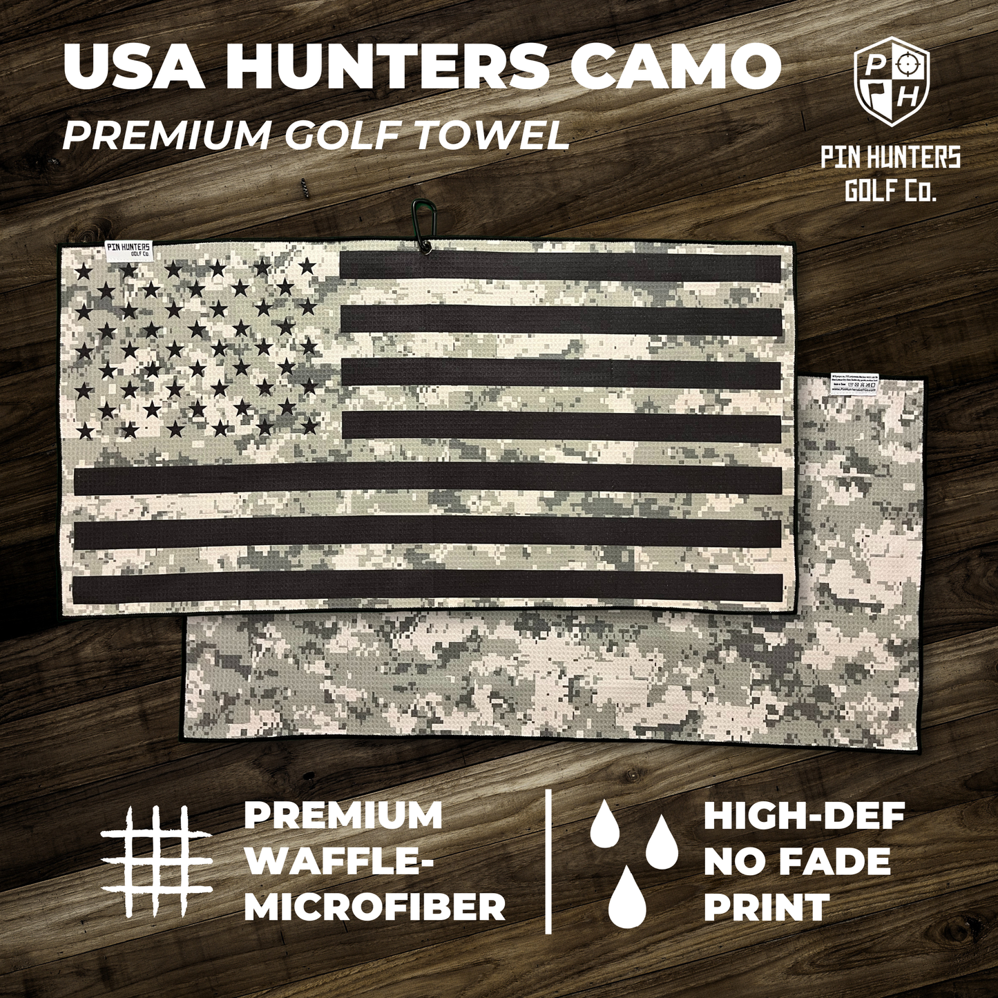 USA Hunters Camo premium golf towel product graphic with digital camo flag front, camo back design, waffle microfiber callout, and high-def no fade print callout.