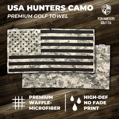 USA Hunters Camo premium golf towel product graphic with digital camo flag front, camo back design, waffle microfiber callout, and high-def no fade print callout.