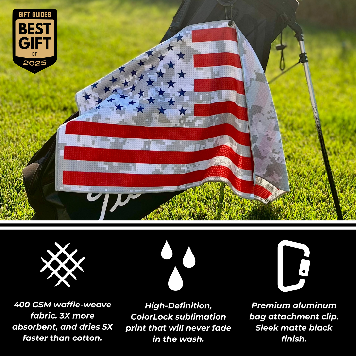 USA patriotic golf towel product graphic with American flag towel on golf bag, Best Gift of 2025 badge, waffle-weave fabric, no-fade print, and aluminum bag clip callouts.
