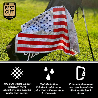 USA patriotic golf towel product graphic with American flag towel on golf bag, Best Gift of 2025 badge, waffle-weave fabric, no-fade print, and aluminum bag clip callouts.