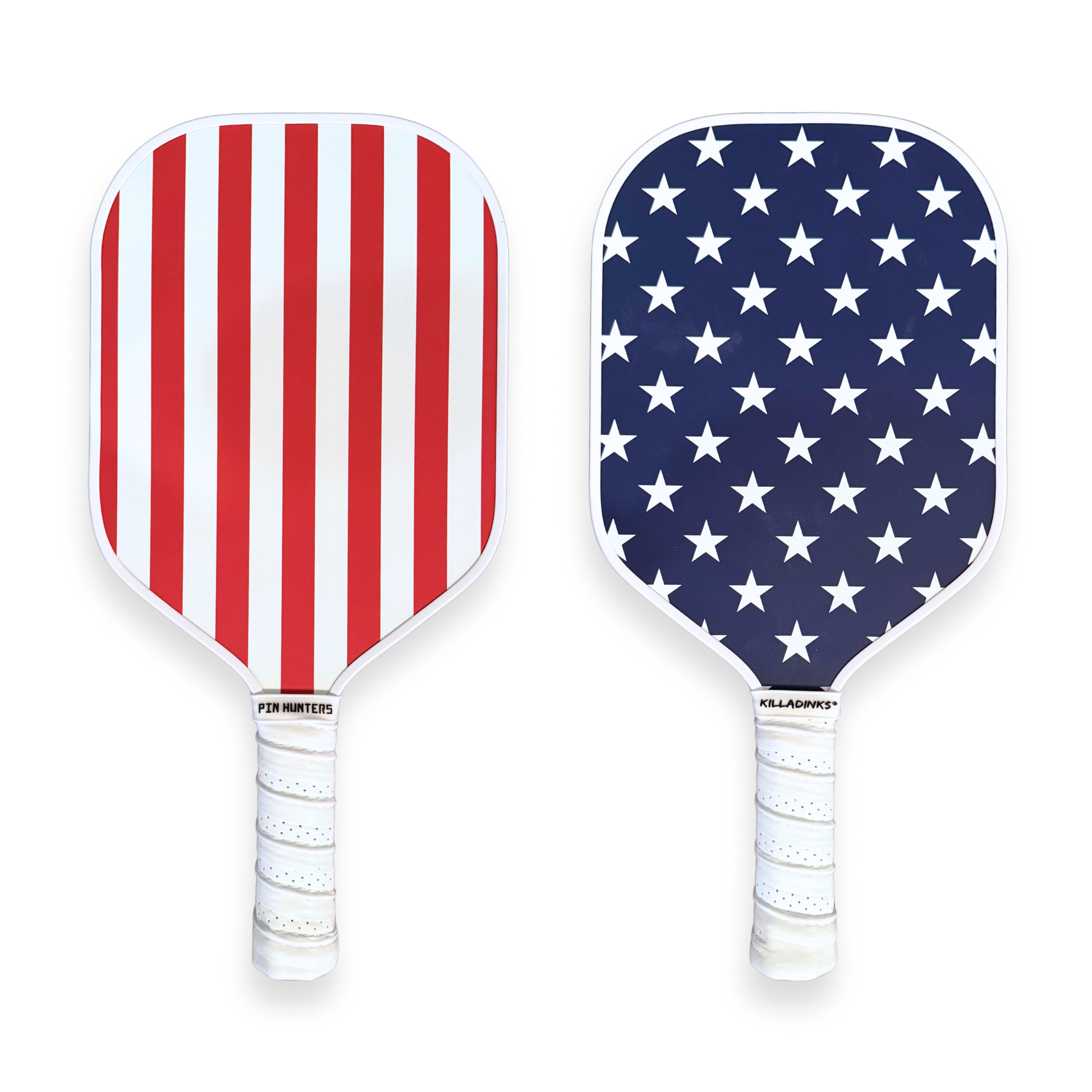 USA patriotic pickleball paddles with red and white stripe front, navy star pattern back, white handles, and white background.