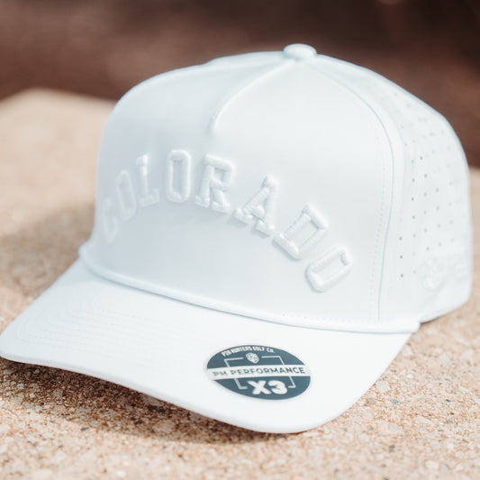 White Colorado performance golf hat with tonal white raised embroidery, matching rope detail, perforated side panels, and PH Performance X3 sticker.