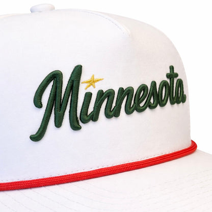 White Minnesota wild script performance golf hat with green embroidered script, yellow star accent, and red rope detail.