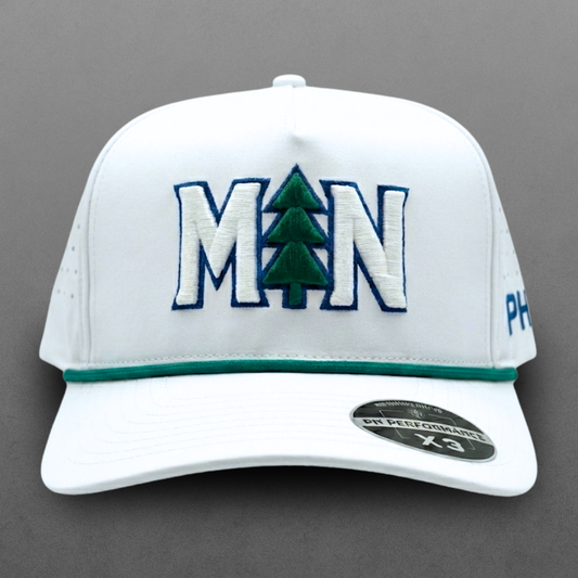White MN pine tree performance hat with green and navy embroidery, green rope, flat brim, and PH Performance X3 sticker.