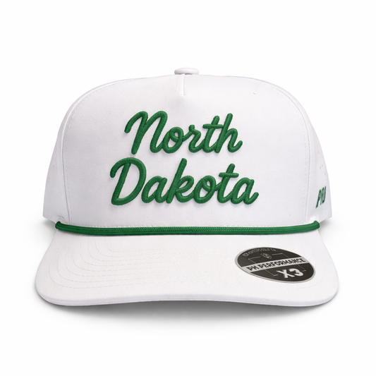 Front view of the white North Dakota Performance Hat by Pin Hunters Golf Co. with green script embroidery, green rope detail, and structured performance fit.