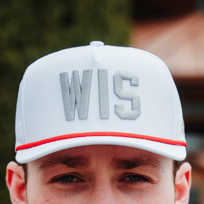 White WIS performance golf hat front view with gray raised WIS embroidery, red rope detail, and clean white performance fabric.