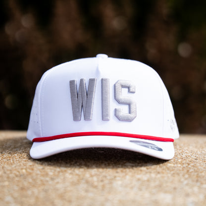 White WIS performance golf hat with gray raised embroidery, red rope, white brim, and clean front view on a stone background.