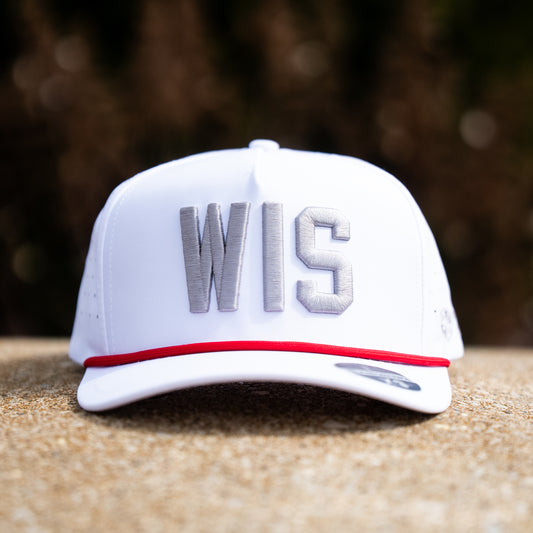White WIS performance golf hat with gray raised embroidery, red rope, white brim, and clean front view on a stone background.