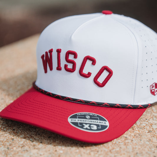 White Wisco performance golf hat with red raised embroidery, red brim, black and red rope detail, and PH Performance X3 sticker.