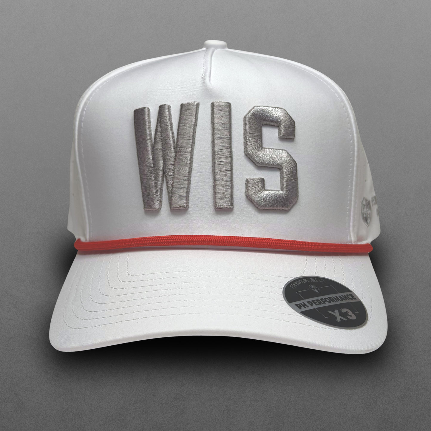 Wisconsin Badgers inspired white WIS performance hat with silver raised embroidery, red rope detail, white brim, and PH Performance X3 sticker.