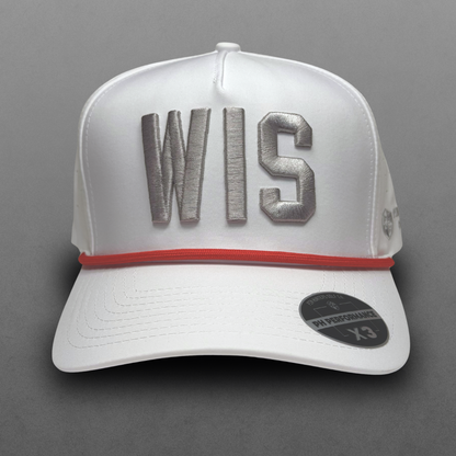 Wisconsin Badgers inspired white WIS performance hat with silver raised embroidery, red rope detail, white brim, and PH Performance X3 sticker.