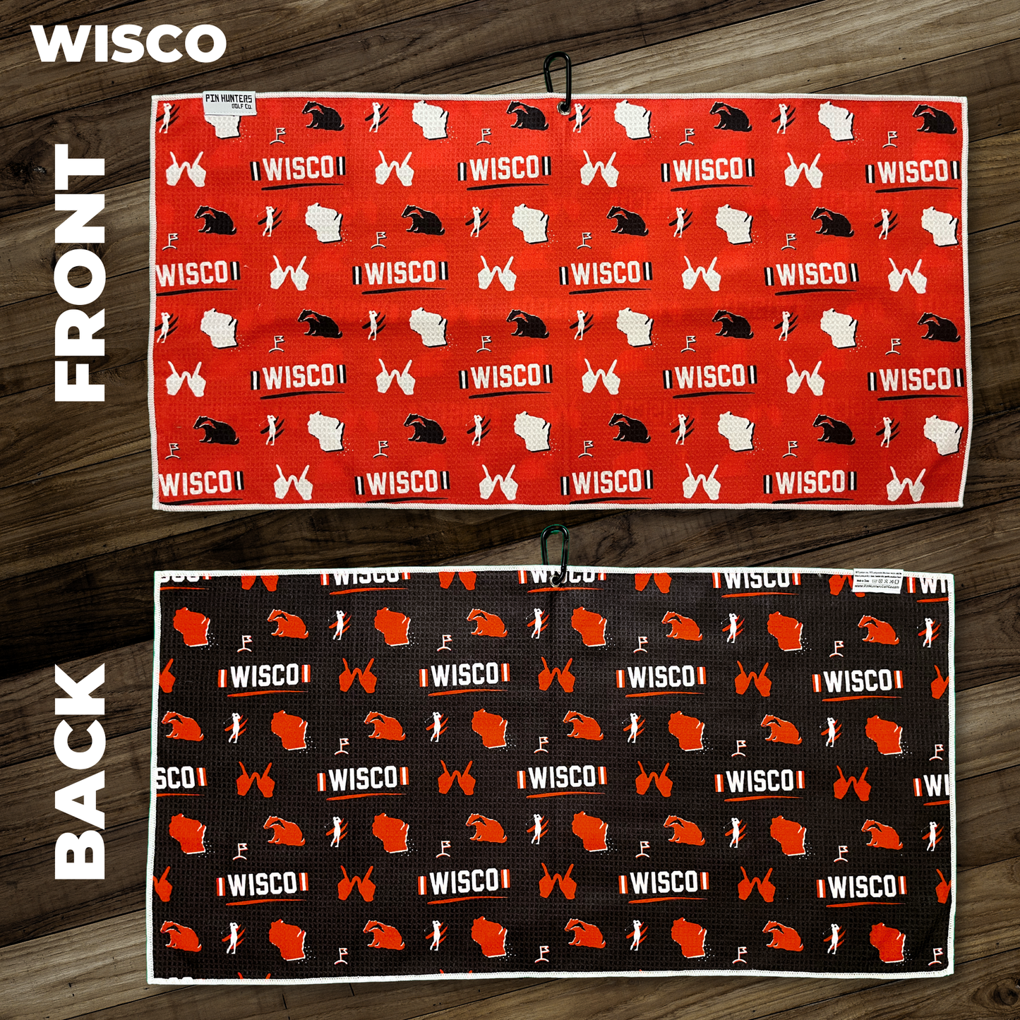 Wisconsin Badgers inspired Wisco golf towel layout with red front towel, black back towel, Wisconsin outline, badger, golf, and Wisco icons.
