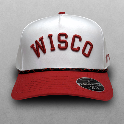 Wisconsin Badgers inspired white Wisco performance hat with red raised embroidery, red brim, black and red rope detail, and PH Performance X3 sticker.