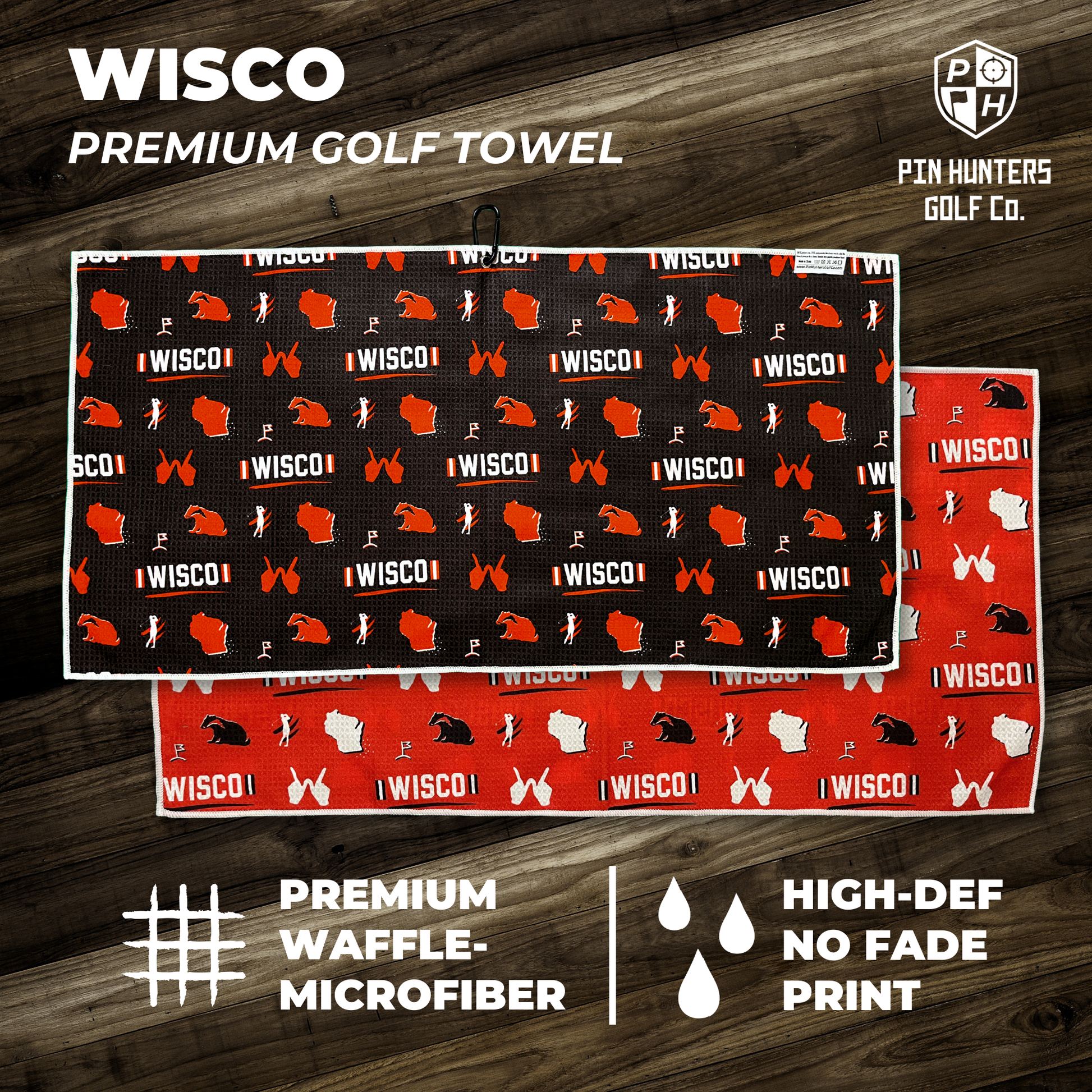Wisconsin Badgers inspired premium golf towel product graphic with red and black Wisco pattern, waffle microfiber callout, and high-def no fade print callout.