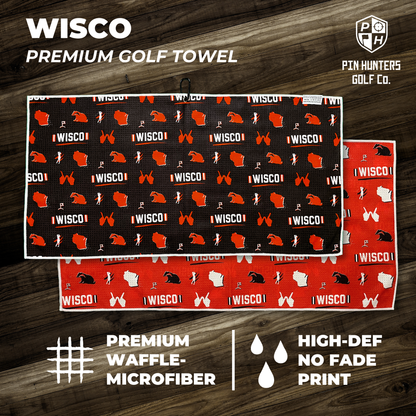Wisconsin Badgers inspired premium golf towel product graphic with red and black Wisco pattern, waffle microfiber callout, and high-def no fade print callout.