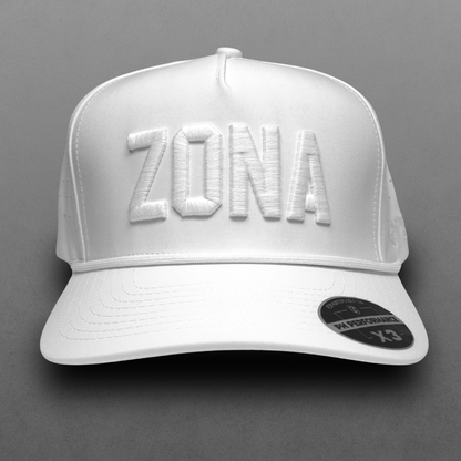 White ZONA performance hat with tonal white raised embroidery, white rope detail, perforated side panels, and PH Performance X3 sticker.